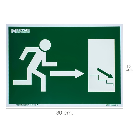 [15051230] Cartel / Señal Fluorescente / Señal Fluorescente Salida Escalera Derecha Abajo 21x30 cm.
