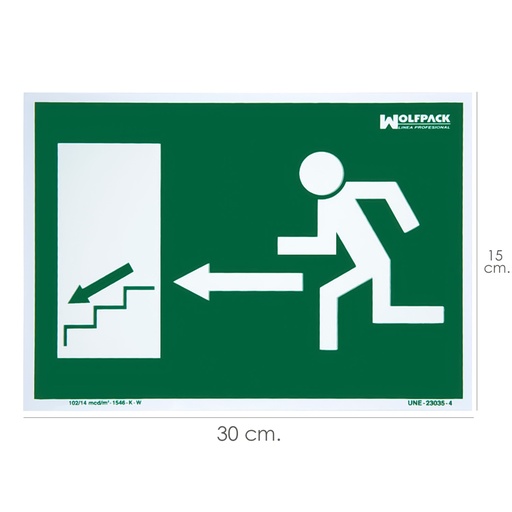 [15051235] Cartel / Señal Fluorescente Salida Escalera Izquierda Abajo 21x30 cm.
