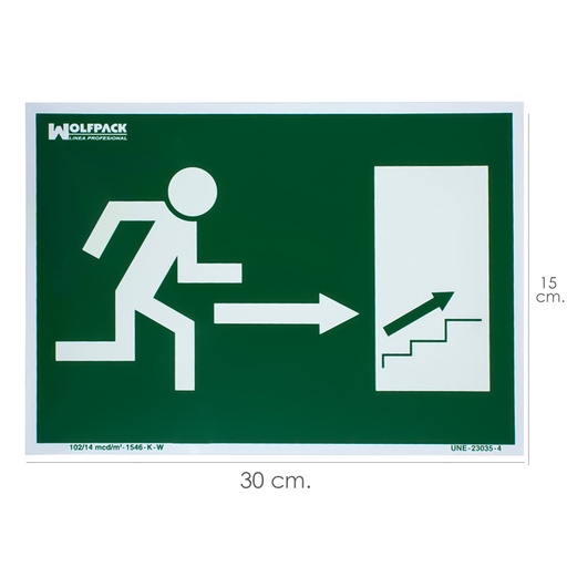 [15051240] Cartel / Señal Fluorescente Salida Escalera Derecha Arriba 21x30 cm.