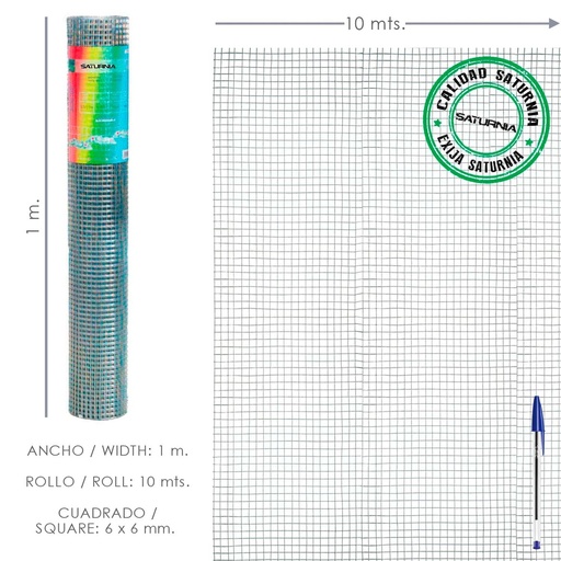 [1201700] Malla Electrosoldada Galvanizada 6x6 / 100 cm. rollo 10 Metros Uso Domestico
