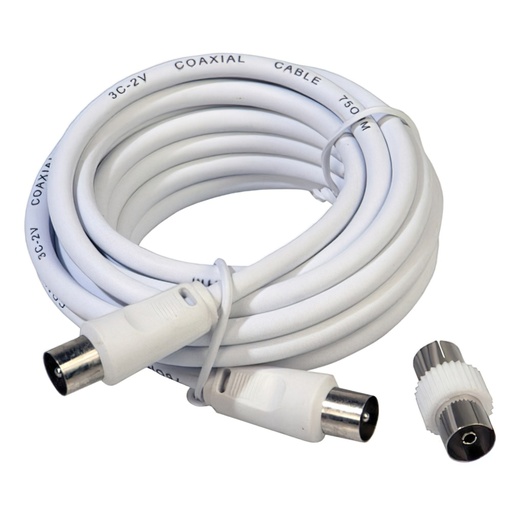 [19020114] ProlongaciónTV Video Macho-Macho 3 metros / Ø 9,5 mm. Con Adaptador Macho-Hembra Blanco