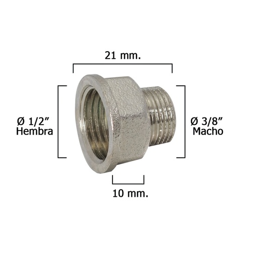 [4020074] Alargadera Hexagonal Reducccion Cromada 3/8 Macho - 1/2 hembra x M10