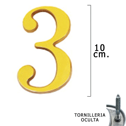 [5320003] Numero Latón "3" 10 cm. con Tornilleria Oculta (Blister 1 Pieza)