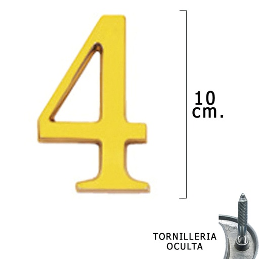 [5320004] Numero Latón "4" 10 cm. con Tornilleria Oculta (Blister 1 Pieza)