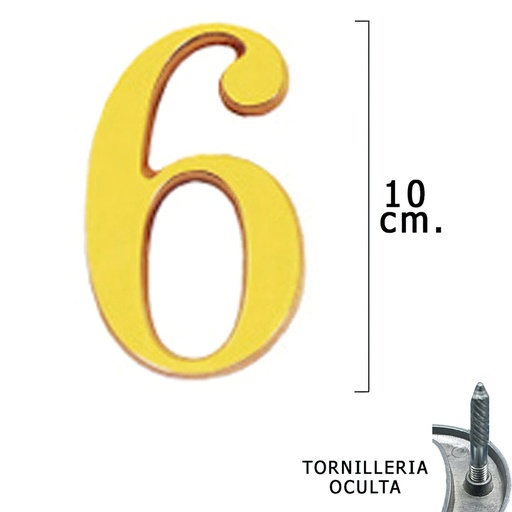 [5320006] Numero Latón "6" 10 cm. con Tornilleria Oculta (Blister 1 Pieza)