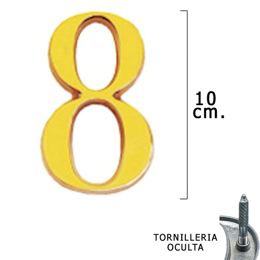 [5320008] Numero Latón "8" 10 cm. con Tornilleria Oculta (Blister 1 Pieza)