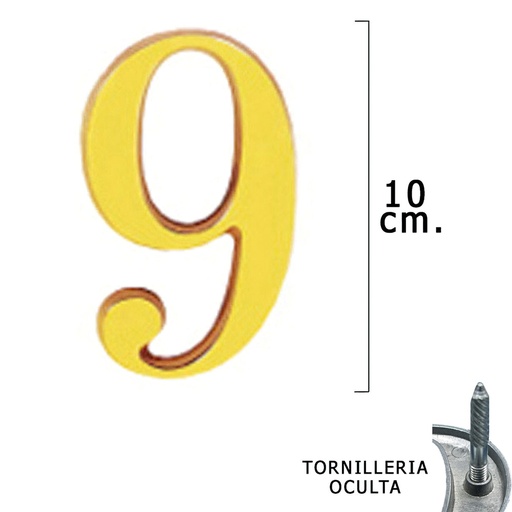 [5320009] Numero Latón "9" 10 cm. con Tornilleria Oculta (Blister 1 Pieza)