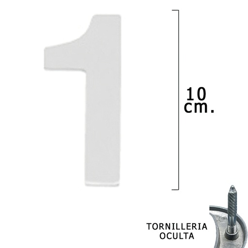 [5320011] Numero Metal "1" Plateado Mate 10 cm. con Tornilleria Oculta (Blister 1 Pieza)