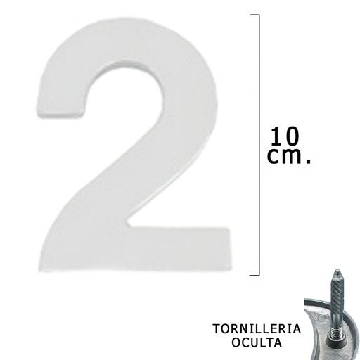 [5320012] Numero Metal "2" Plateado Mate 10 cm. con Tornilleria Oculta (Blister 1 Pieza)