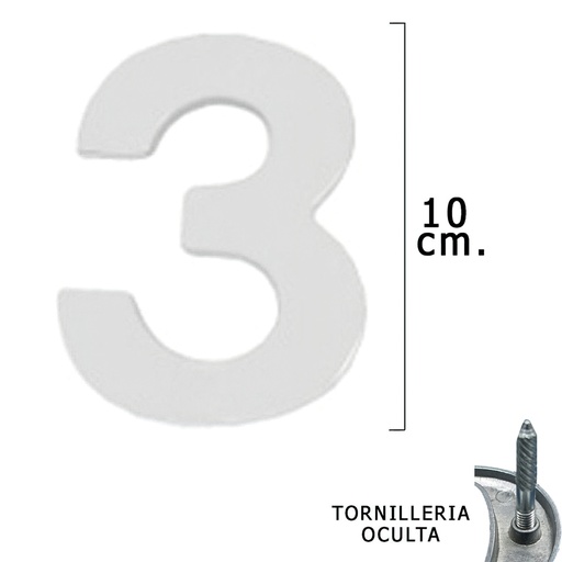 [5320013] Numero Metal "3" Plateado Mate 10 cm. con Tornilleria Oculta (Blister 1 Pieza)