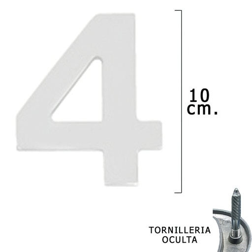 [5320014] Numero Metal "4 Plateado Mate 10 cm. con Tornilleria Oculta (Blister 1 Pieza)