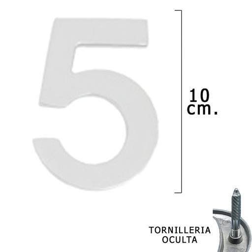 [5320015] Numero Metal "5" Plateado Mate 10 cm. con Tornilleria Oculta (Blister 1 Pieza)