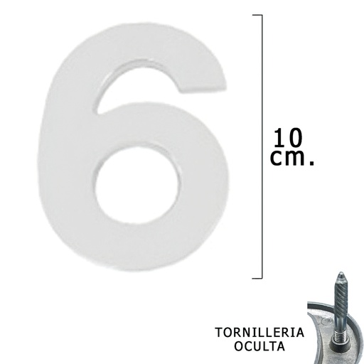 [5320016] Numero Metal "6" Plateado Mate 10 cm. con Tornilleria Oculta (Blister 1 Pieza)