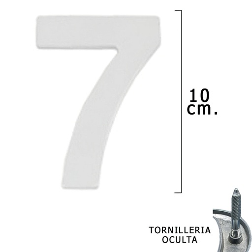 [5320017] Numero Metal "7" Plateado Mate 10 cm. con Tornilleria Oculta (Blister 1 Pieza)