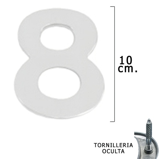 [5320018] Numero Metal "8" Plateado Mate 10 cm. con Tornilleria Oculta (Blister 1 Pieza)