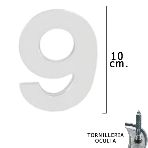 [5320019] Numero Metal "9" Plateado Mate 10 cm. con Tornilleria Oculta (Blister 1 Pieza)
