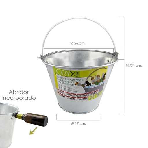[5060011] Cubo Zinc Metal Galvanizado Multiusos  6 Litros 26 x 17 x 19 (alt.) cm. con Abre Botellas