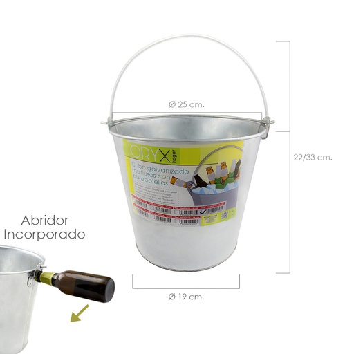 [5060012] Cubo Zinc Metal Galvanizado Multiusos  8 Litros 25 x 19 x 22 (alt.) cm. con Abre Botellas