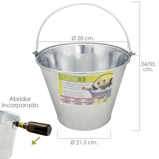 [5060013] Cubo Zinc Metal Galvanizado Multiusos 10 Litros 28 x 21.5 x 24 (alt.) cm. con Abre Botellas