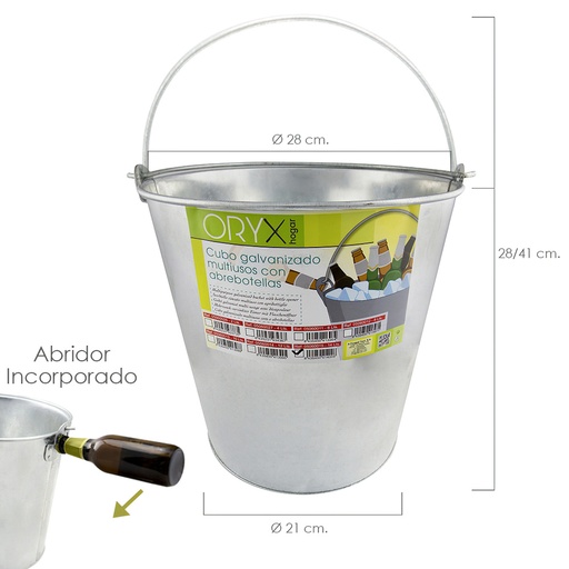 [5060015] Cubo Zinc Metal Galvanizado Multiusos 14 Litros 28 x 21 x 28 (alt.) cm. con Abre Botellas