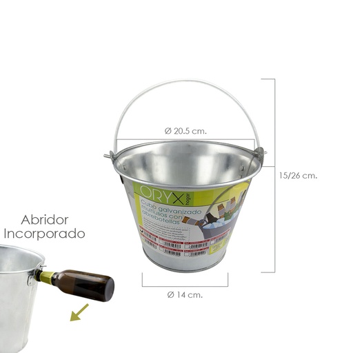 [5060026] Cubo Zinc Metal Galvanizado Multiusos  2 Litros 20.5 x 14 x 15 (alt.) cm. con Abre Botellas