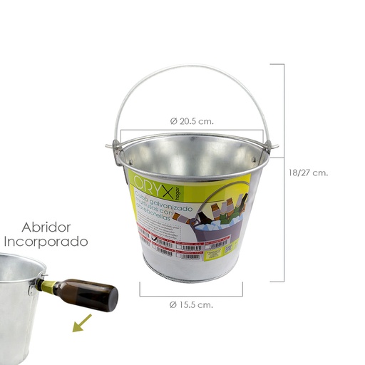 [5060027] Cubo Zinc Metal Galvanizado Multiusos  4 Litros 20.5 x 18 x 15.5 (alt.) cm. con Abre Botellas