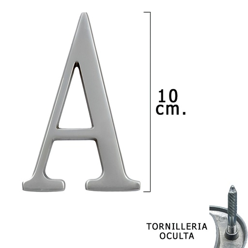 [5320200] Letra Metal "A" Plateada Mate 10 cm. con Tornilleria Oculta (Blister 1 Pieza)