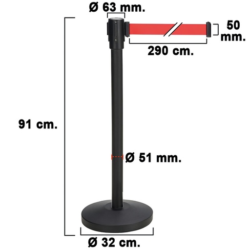 [15050485] Poste Separador Cinta Extensible 3 Metros. Ø Base 32 cm. Ø Tubo 5,1 cm.   Altura 91 cm.