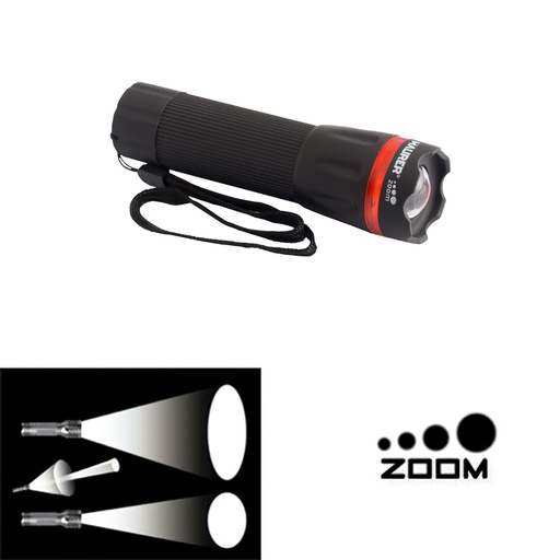 [19041223] Linterna LED De Mano A Pilas (3 AAA) 50 Lumenes Con Mango Engomado y Función Zoom