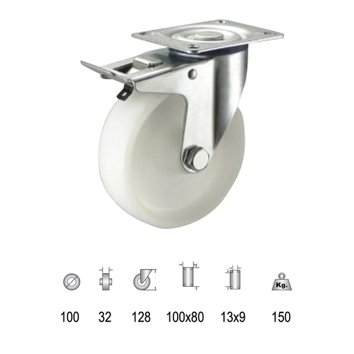 [11110810] Rueda Industrial Nylon Placa con freno 100mm