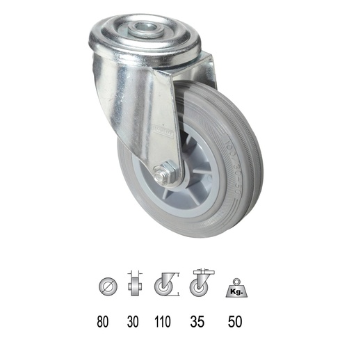 [11110840] Rueda Industrial Goma Gris Pasante  80mm