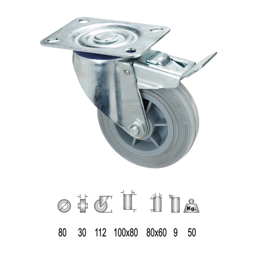 [11110845] Rueda Industrial Goma Gris Placa con freno  80mm