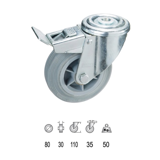 [11110850] Rueda Industrial Goma Gris Pasante con freno  80mm