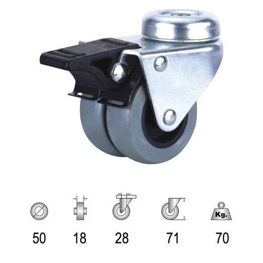 [11110860] Rueda Industrial Doble Poliamida Gris Pasante con freno 50mm
