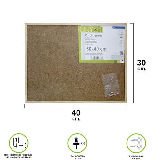 [3081190] Corcho Pared 30x40 cm. Marco Madera Con 6 Chinchetas