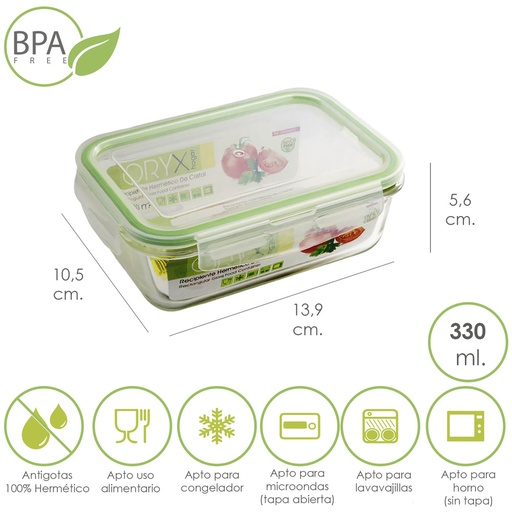 [5024001] Recipiente Hermetico Cristal Rectangular  330 ml. 13.9 x 10.5 x 5.6 (alt) cm.