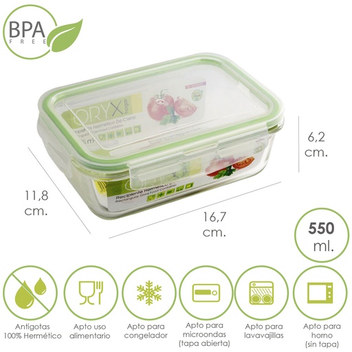 [5024005] Recipiente Hermetico Cristal Rectangular 550 ml. 16.7 x 11.8 x 6.2 (alt) cm.