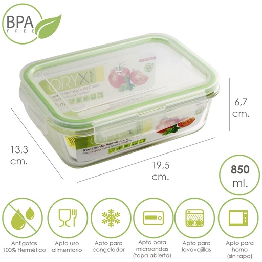 [5024010] Recipiente Hermetico Cristal Rectangular 850 ml. 19.5 x 13.3 x 6.7 (alt) cm.