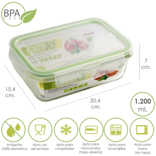 [5024015] Recipiente Hermetico Cristal Rectangular 1200 ml. 20.4 x 15.4 x 7 (alt) cm.