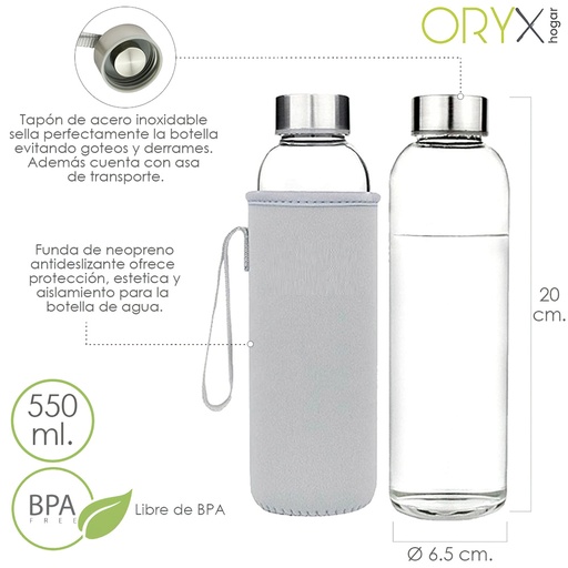 [5024200] Botella Agua Cristal 550 ml. Funda Neopreno con Asa. Sin BPA