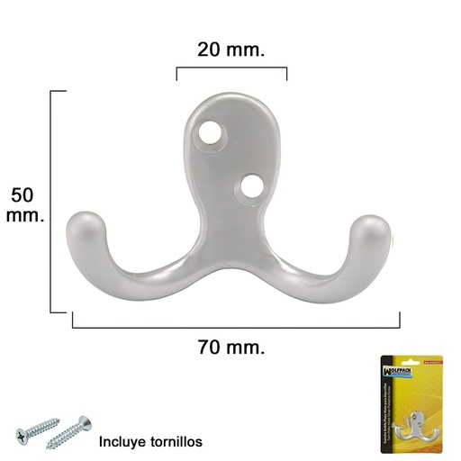[1020171] Gancho Doble Plata Mate Para Atornillar con tornillos incluidos.