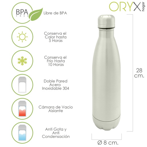 [5075030] Botella Termica, Capacidad De 500 ML. Libre BPA,  Acero Inoxidable, Antigoteo