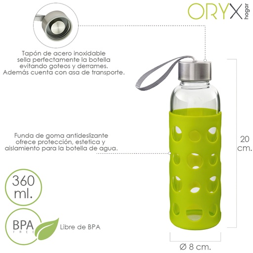 [5075050] Botella Agua de Cristal, Capacidad De 360 ML. Libre BPA, Con Funda Goma y Tapon Antigotas