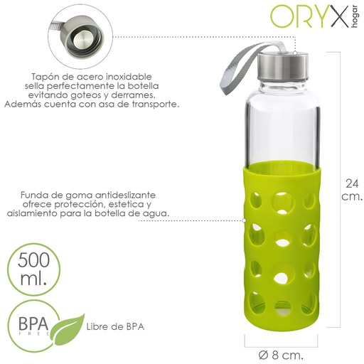 [5075055] Botella Agua Fabricada En Cristal Con Funda De Goma y Tapon Antigotas, 500ml, Libre de BPA