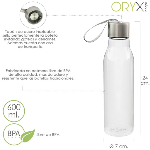 [5075060] Botella Agua, Capacidad De 600 ML. Plastico Libre BPA, Con Asa, Tapon Acero Inoxidable.