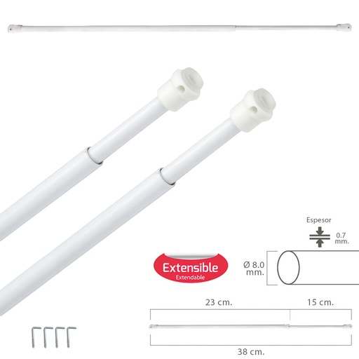 [5340020] Barra Visillo Extensible 23/38 cm. con Muelle Presion, Soportes y Ventosas (2 Piezas)