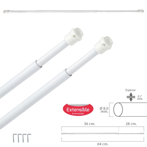 [5340021] Barra Visillo Extensible 36/64 cm. con Muelle Presion, Soportes y Ventosas (2 Piezas)
