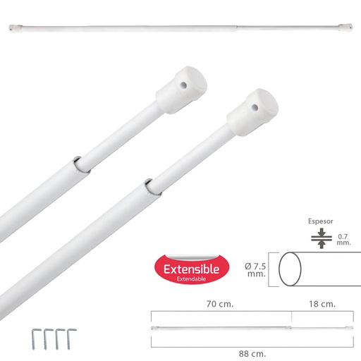 [5340044] Barra Visillo Extensible 70/88 cm. Con Soporte, Sin Muelle (2 piezas)