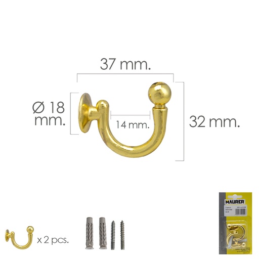 [5391000] Gancho Latonado Atornillabe 37 mm. Con tacos y tornillos (Blister 2 piezas)