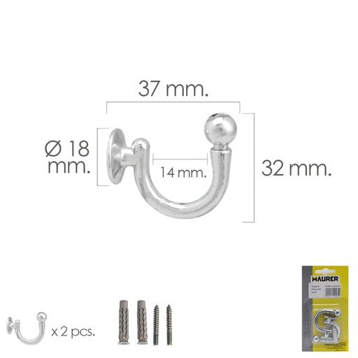 [5391005] Gancho Cromado Atornillabe 37 mm. Con tacos y tornillos (Blister 2 piezas)